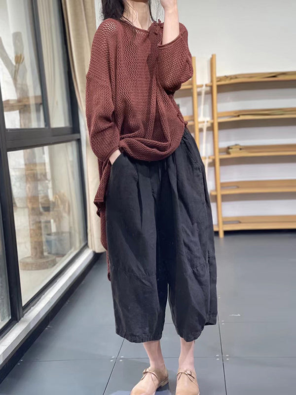 Asymmetric Hollow Split-side Long Sleeves Loose Round-neck Sweater Tops