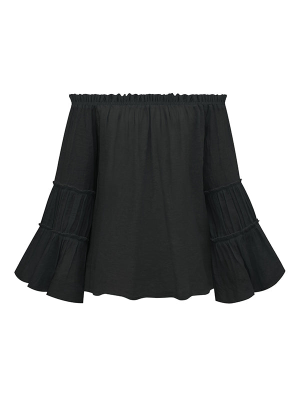 Urban Solid Color Pleated Puff Sleeves Off-The-Shoulder Blouse