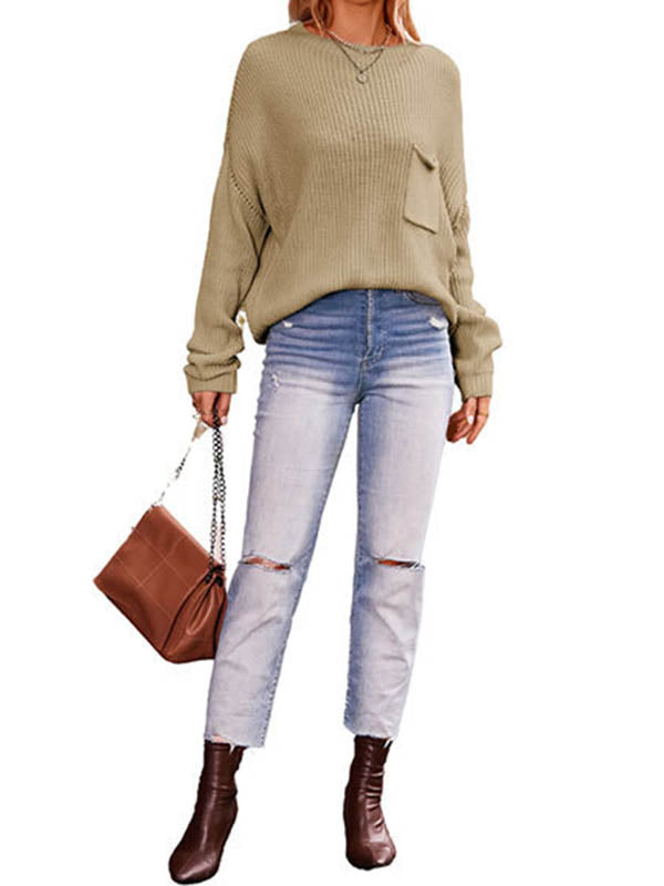 Pockets Solid Color Long Sleeves Loose Round-Neck Sweater Tops Pullovers