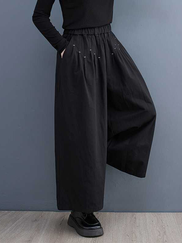 Elasticity Embroidered Pleated Loose Wide Leg Trousers Ninth Pants
