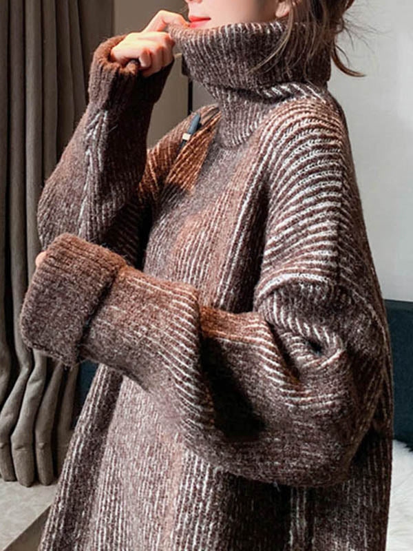 Original Loose Contrast Color High-Neck Long Sleeves Sweater Tops