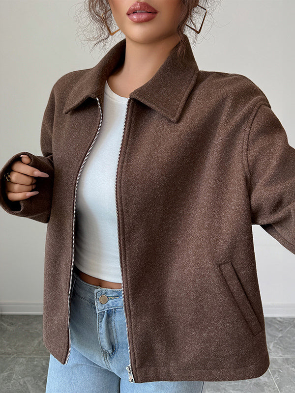 Solid Color Zipper Long Sleeves Loose Lapel Outerwear