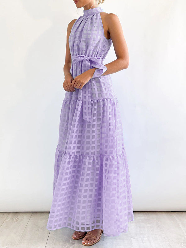 Plaid Ribbed Loose Sleeveless Stand Collar Maxi Dresses