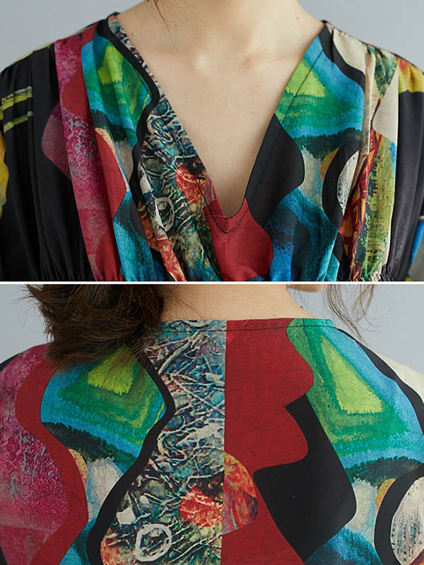 Loose Abstract Printed V-Neck Dress