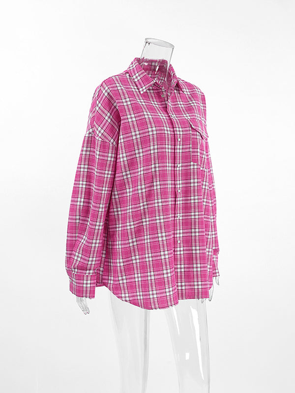 Buttoned Plaid Pockets Long Sleeves Loose Lapel Blouses&Shirts Tops