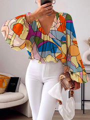 Loose Puff Sleeves Multi-Colored Printed Deep V-Neck Blouses&Shirts Tops