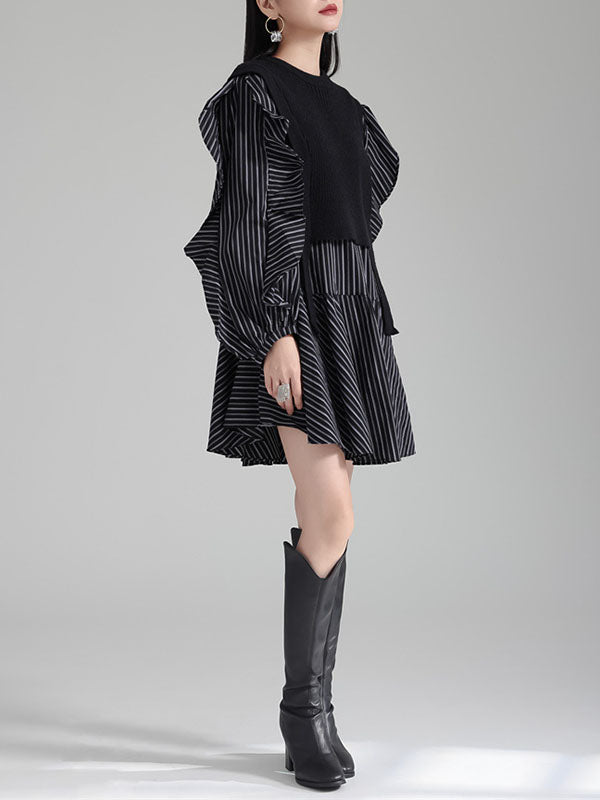 Ruffled Split-Joint Long Sleeves Loose Round-Neck Inner Mini Shirt Dress + Outer Vest Two Pieces Set