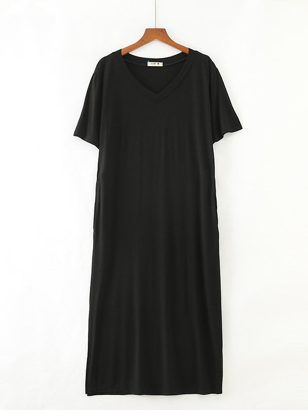 Casual Loose Short Sleeves Split-Side Solid Color V-Neck Midi Dresses