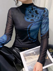 Butterfly Print Split-Joint Long Sleeves Skinny Mock Neck T-Shirts Tops