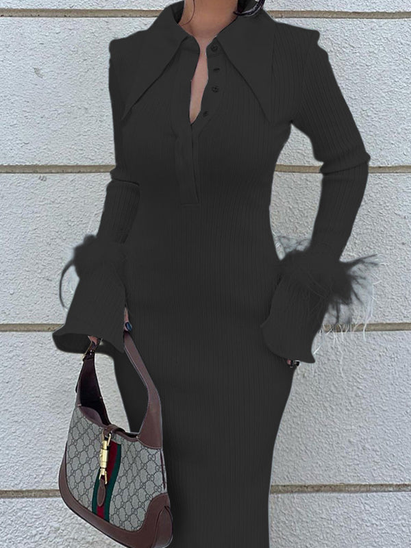 Feathers Slightly Sheer Split-Joint Skinny Lapel Maxi Dresses