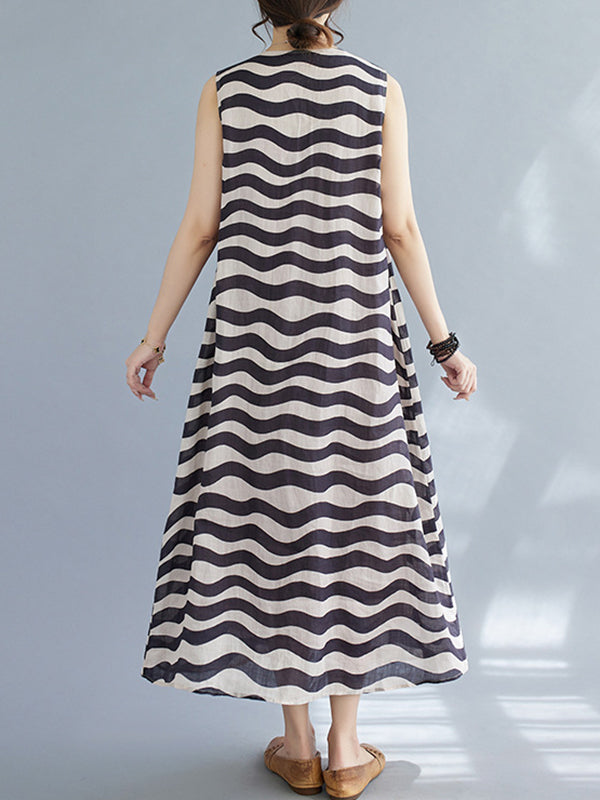 Striped Loose Sleeveless V-neck Midi Dresses