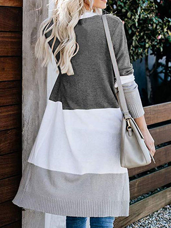 Contrast Color Long Sleeves Loose V-Neck Cardigan Tops