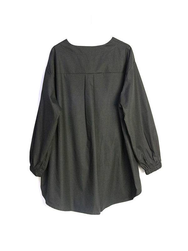 Pleated Solid Color Split-Joint High-Low Long Sleeves Round-Neck Blouses