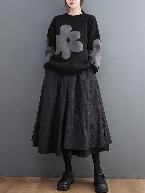 Casual Long Sleeves Loose Contrast Color Jacquard Round-Neck Pullovers