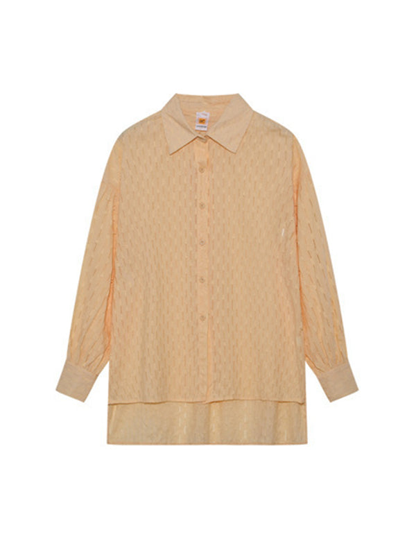 Buttoned Jacquard High-Low Long Sleeves Solid Color Lapel Shirts Top +Shorts Bottom Two Pieces Set