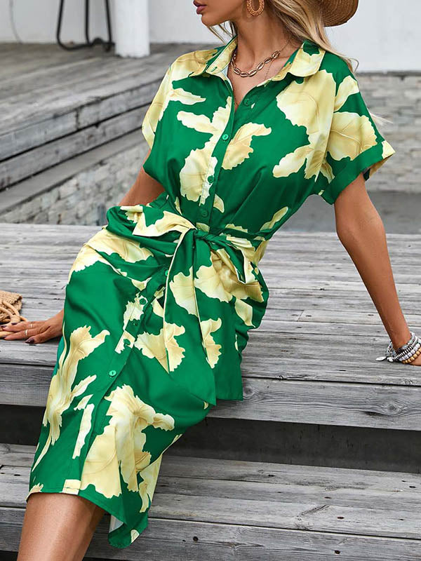 Buttoned Flower Print Pleated Tied Waist Raglan Sleeve Short Sleeves Lapel Shirt Dress Midi Dresses