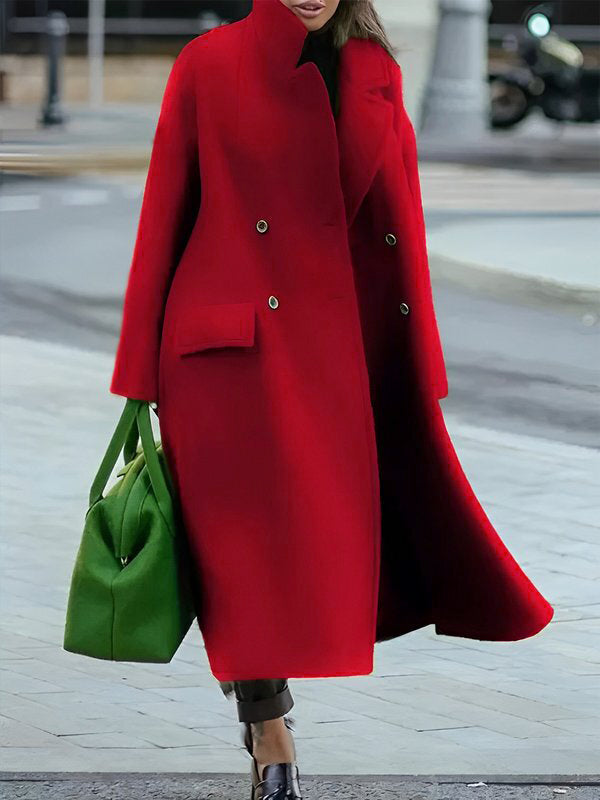 Buttoned Pockets Solid Color Split-Joint Long Sleeves Loose Stand Collar Woolen Coat