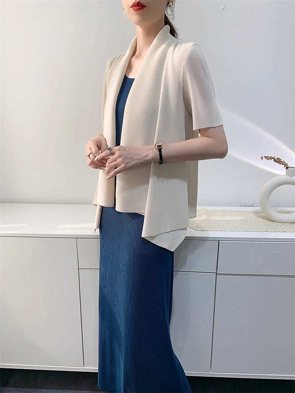 Pleated Solid Color Loose Short Sleeves Collarless Outerwear