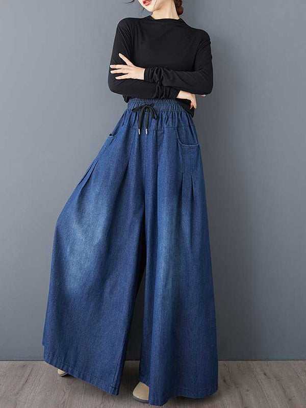Drawstring Elasticity Pleated Pockets High Waisted Loose Jean Pants Bottoms