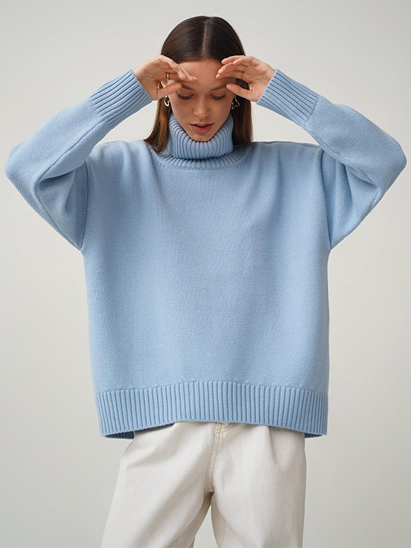 Casual Long Sleeves Loose Solid Color High-Neck Sweater Tops