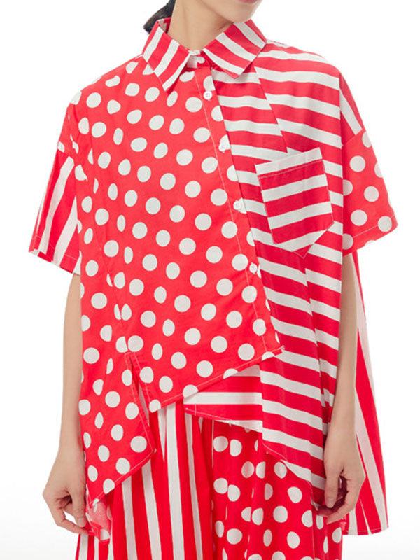 Polka-Dot Split-Joint Striped Irregular clipping Loose Lapel Shirts Tops