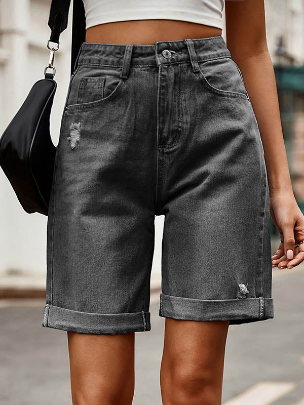 Buttoned Pockets High Waisted Loose Shorts Bottoms Jean Pants Bottoms