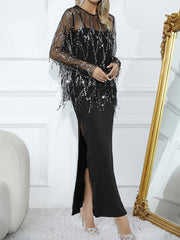 Loose Split-side Midi Dress + Gauze See-Through Sequined Top Two Pieces Midi Dress