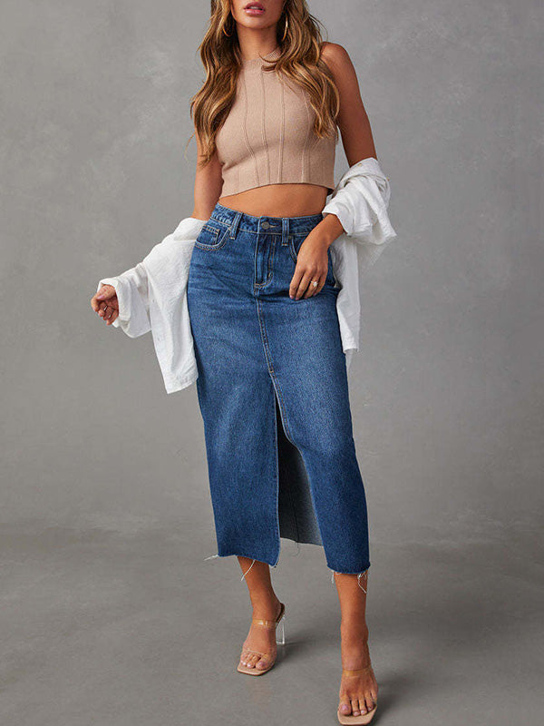 Fringed Pockets Split-Front A-Line High Waisted Skirts Bottoms