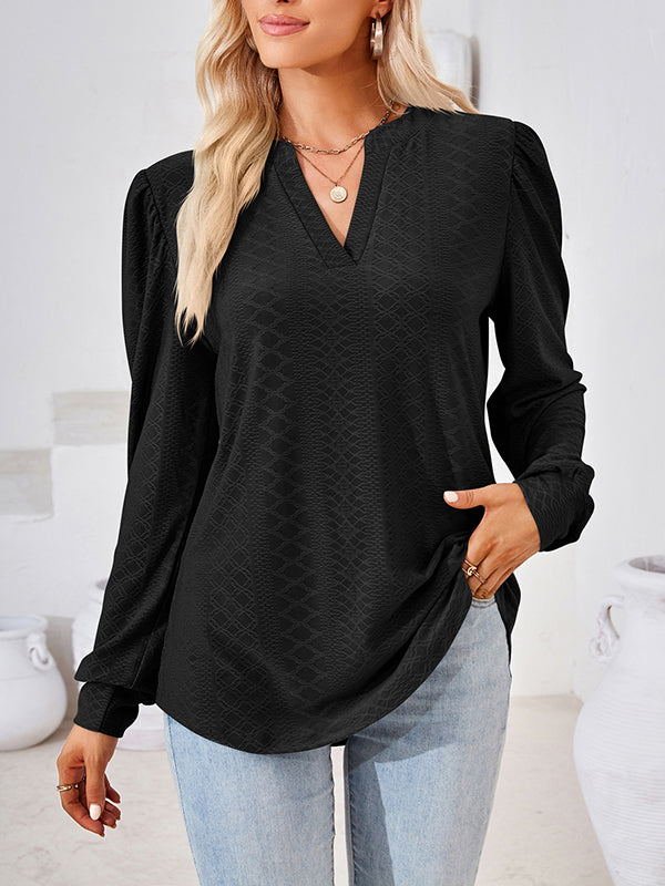 Jacquard Solid Color Long Sleeves Loose V-neck T-Shirts Tops