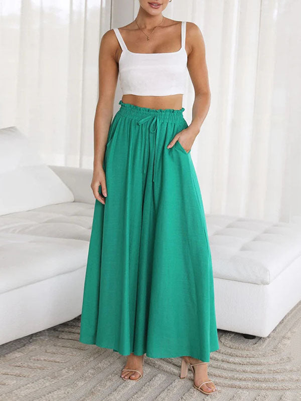 Drawstring Elasticity Pockets Solid Color High Waisted Loose Trousers Pants