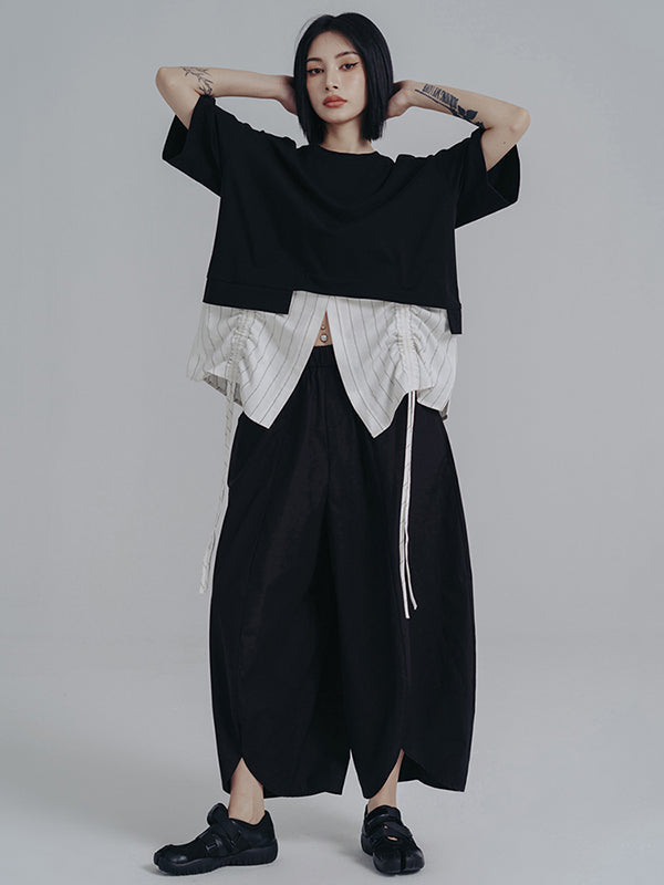 Urban Striped Drawstring Split-Joint False Two Split-Joint T-Shirt