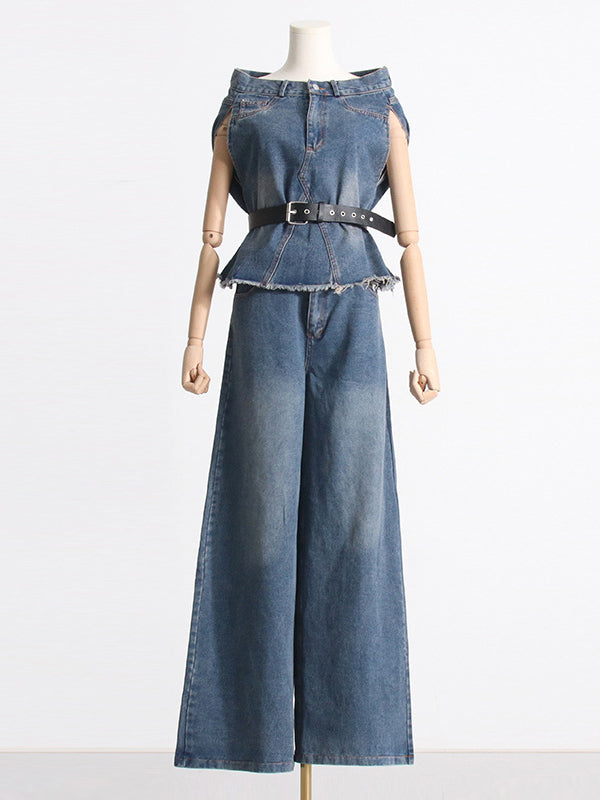 Buttoned Fringed Loose Sleeveless Belted Pockets Boat Neck Vest Top + Pants Bottom Two Pieces Set