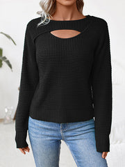 Hollow Solid Color Split-Joint Long Sleeves Loose Round-Neck Sweater Tops Pullovers