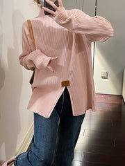 Split-Front Long Sleeves Loose Mock Neck Sweater Tops Pullovers