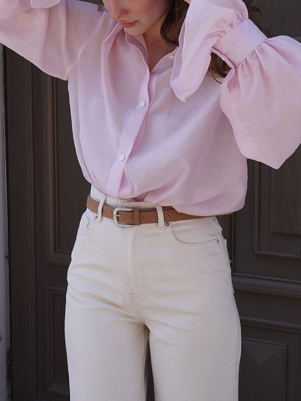Pleated Solid Color Split-Joint Loose Puff Sleeves Lapel Blouses&shirts Tops