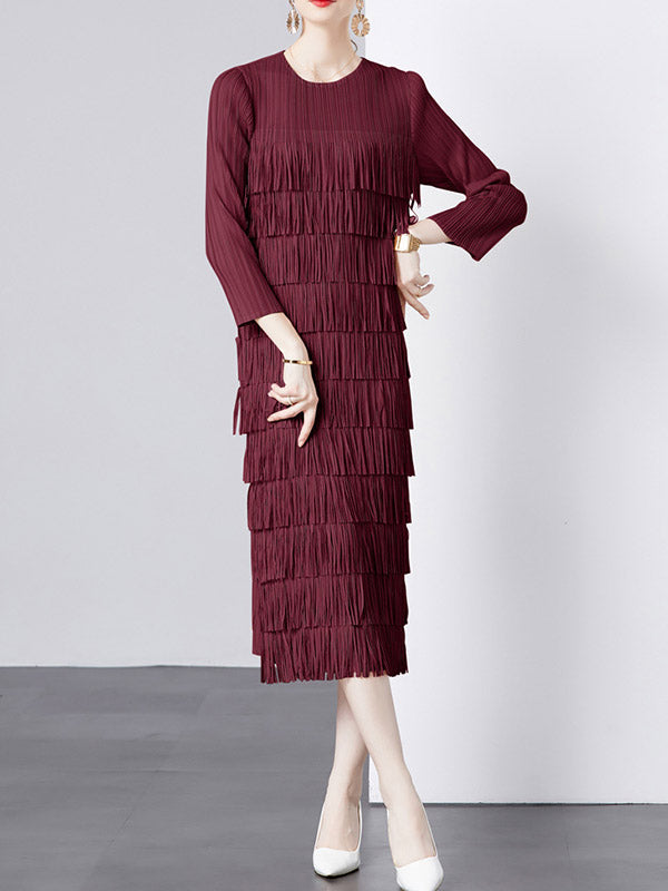 Pleated Solid Color Split-Joint Tasseled Long Sleeves Loose Round-Neck Midi Dresses