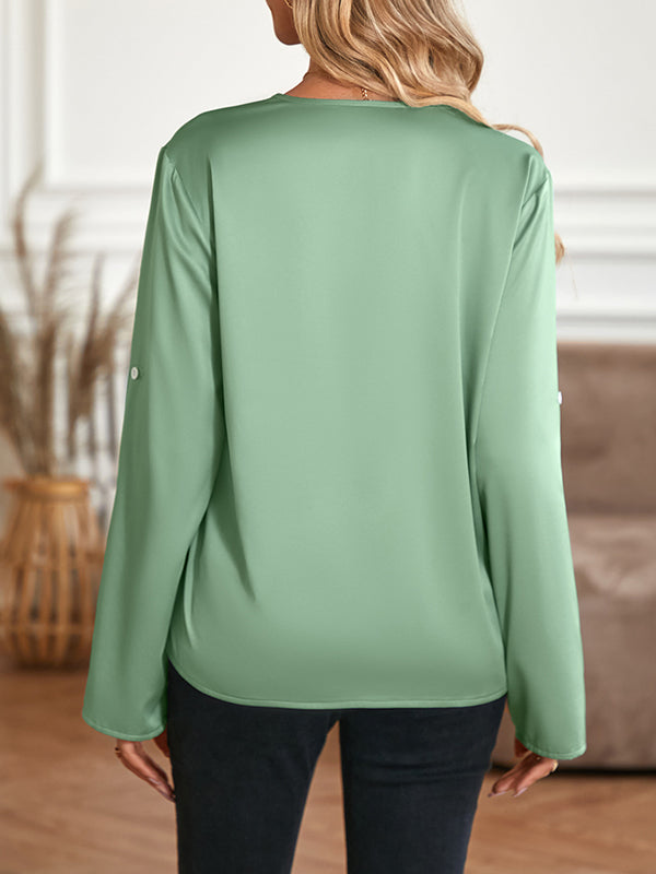 Elasticity Solid Color Long Sleeves Loose V-neck Blouses&shirts Tops