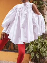 Buttoned Solid Color Loose Over Size High Neck Blouses&Shirts Tops