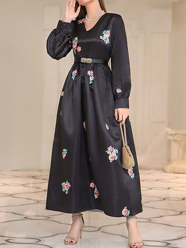 Belted Flower Print A-Line High Waisted V-Neck Maxi Dresses