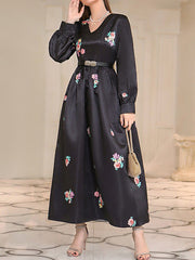 Belted Flower Print A-Line High Waisted V-Neck Maxi Dresses