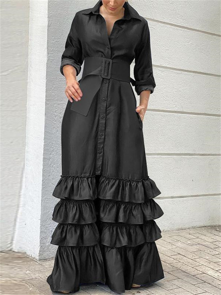 Falbala Solid Color Long Sleeves Lapel Collar Maxi Dresses