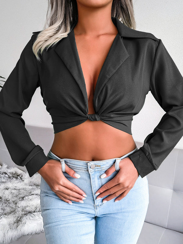 Knot Solid Color Split-Joint Long Sleeves Deep V-Neck Blouses&shirts Tops
