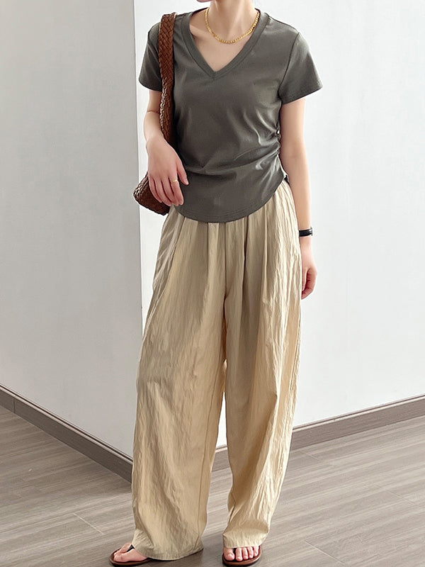 Solid Color Irregular clipping Short Sleeves V-neck T-Shirts Tops