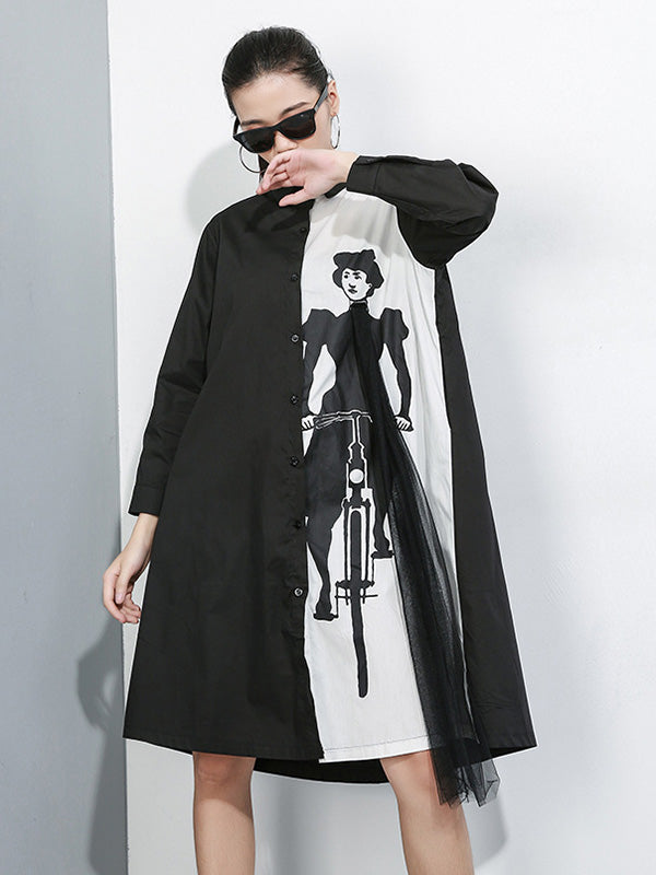 Tide Splicing Characters Print Long Lapel Shirt