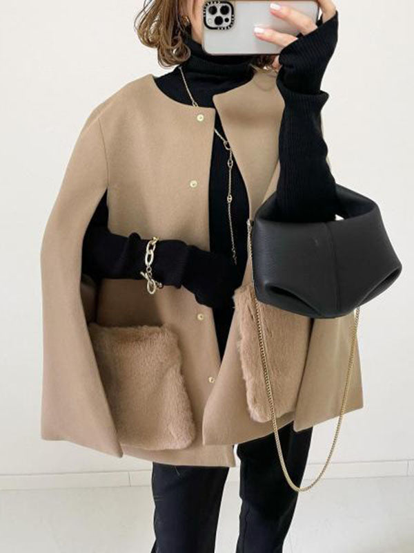 Pockets Split-Front Split-Joint Loose Sleeveless Round-Neck Woolen Coat