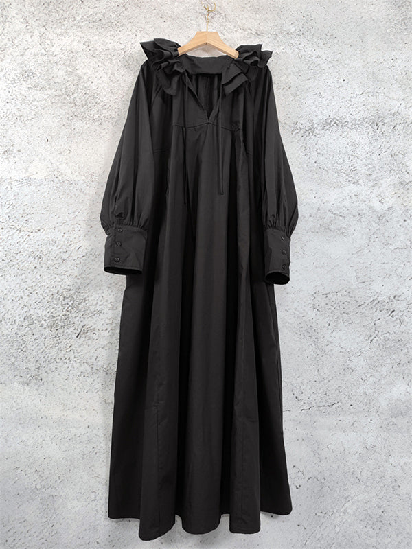 Pleated Solid Color Split-Joint Tiered Loose Puff Sleeves V-Neck Midi Dresses
