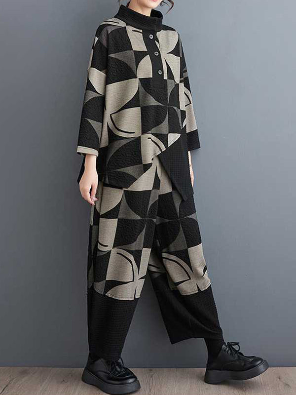 Asymmetric Buttoned Long Sleeves Printed Stand Collar Sweatshirt Top + Harem Pants Pants Bottom Two Pieces Set