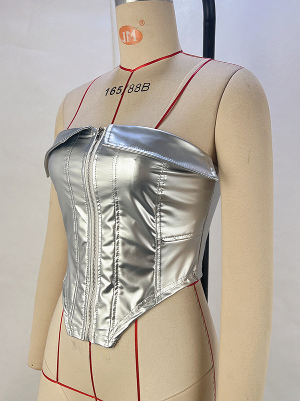 Solid Color Split-Joint Zipper Skinny Sleeveless Tube Vest Top