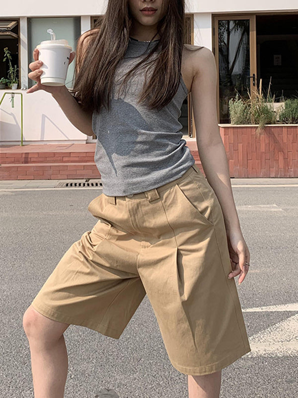 Pleated Solid Color High Waisted Loose Shorts Bottoms Half Pants