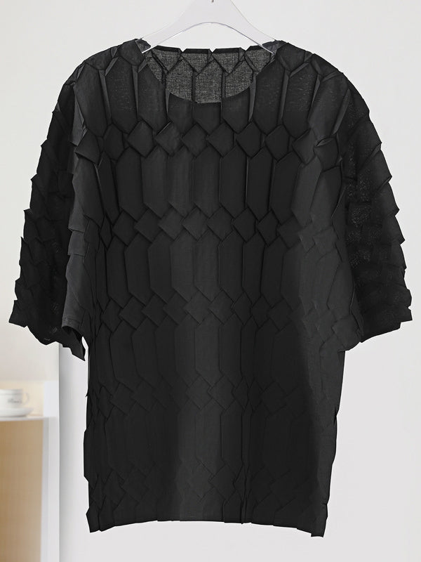 Original Loose Half Sleeves Pleated Solid Color Round-Neck T-Shirts Tops